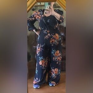 Wrapper LG Jumpsuit - navy blue floral print - EUC